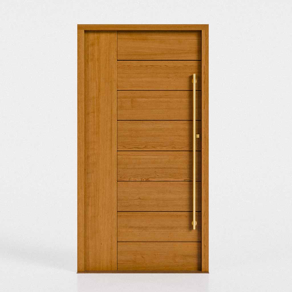 Cherry Wood moder front door with horizontal slats on a white background with a brass handle