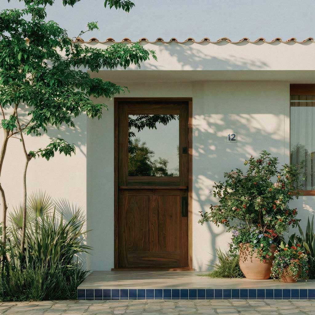 White house with a wooden dutch door and potted plants on a sunny day
