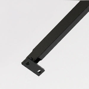 A close-up of a black metal mounting bracket with a long, straight arm extending diagonally across a plain light gray background.