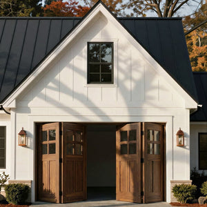scene render of Mackenzie doors in Black Walnut on a whitewashed board-and-batten home