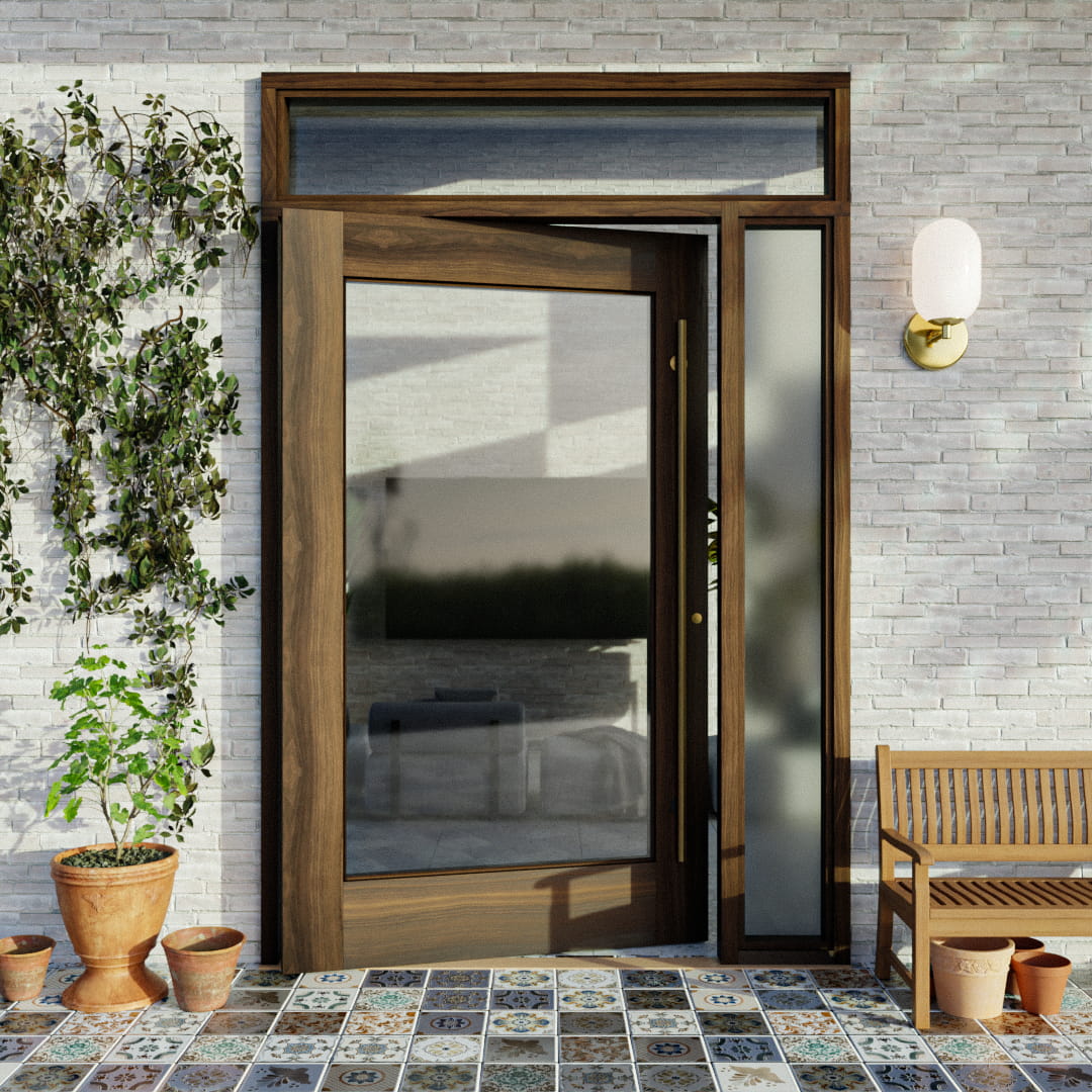 Marin Single Panel Glass Pivot Door with a right sidelights and transom on a white brick wall next to plants and a bench