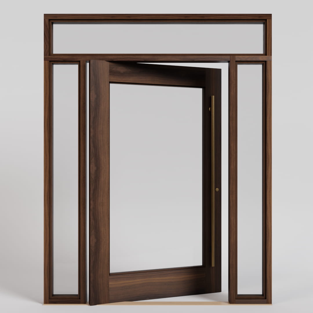 Marin Single Panel Glass Pivot Door with Sidelights and transom