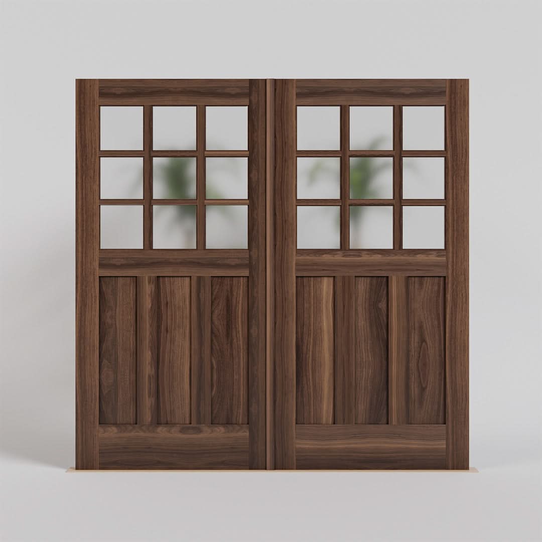 Ballard Walnut Wood Carriage Doors with Nine individual privacy glass panes