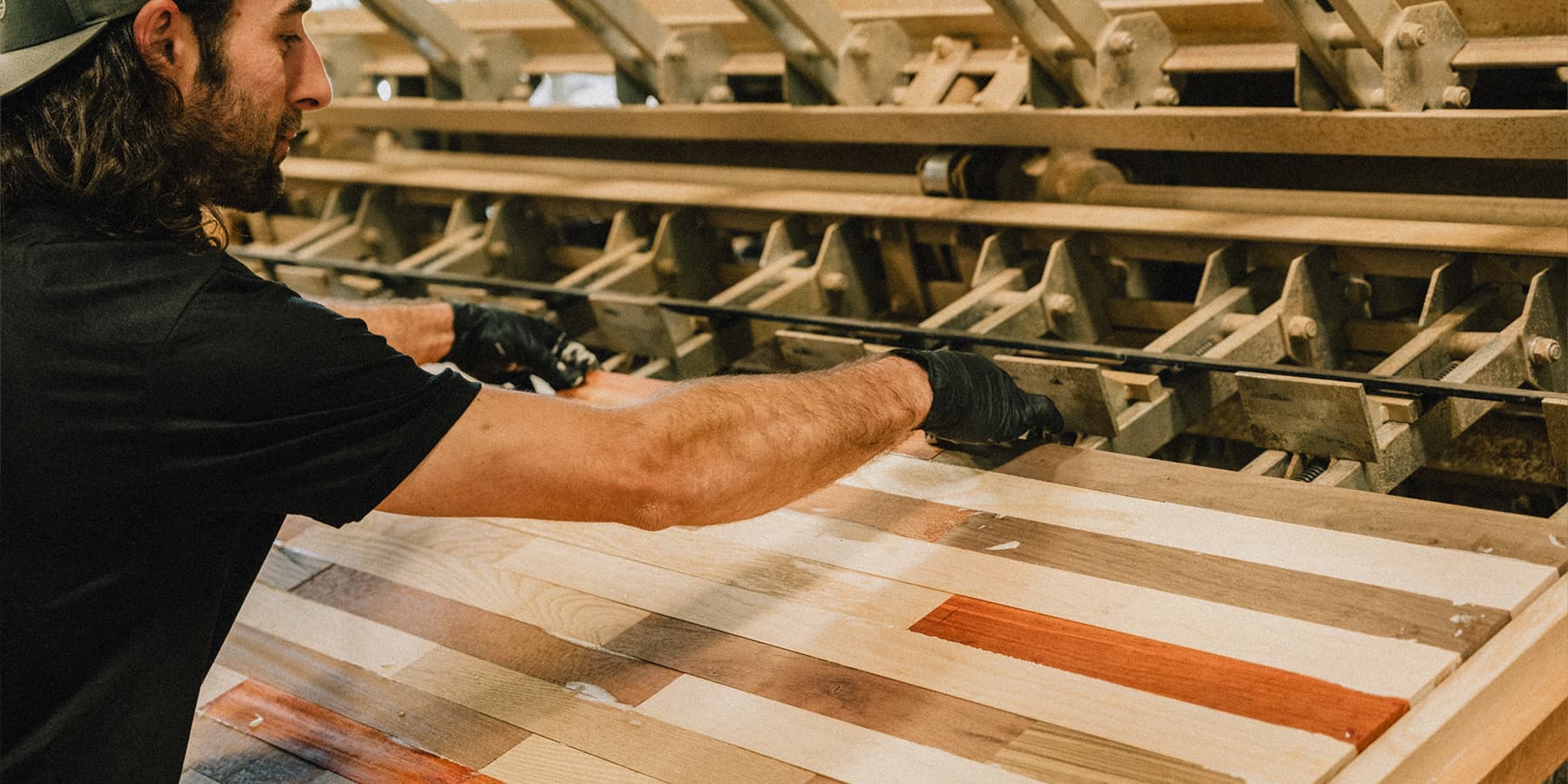 Craftsman glues Palomino countertop on rack