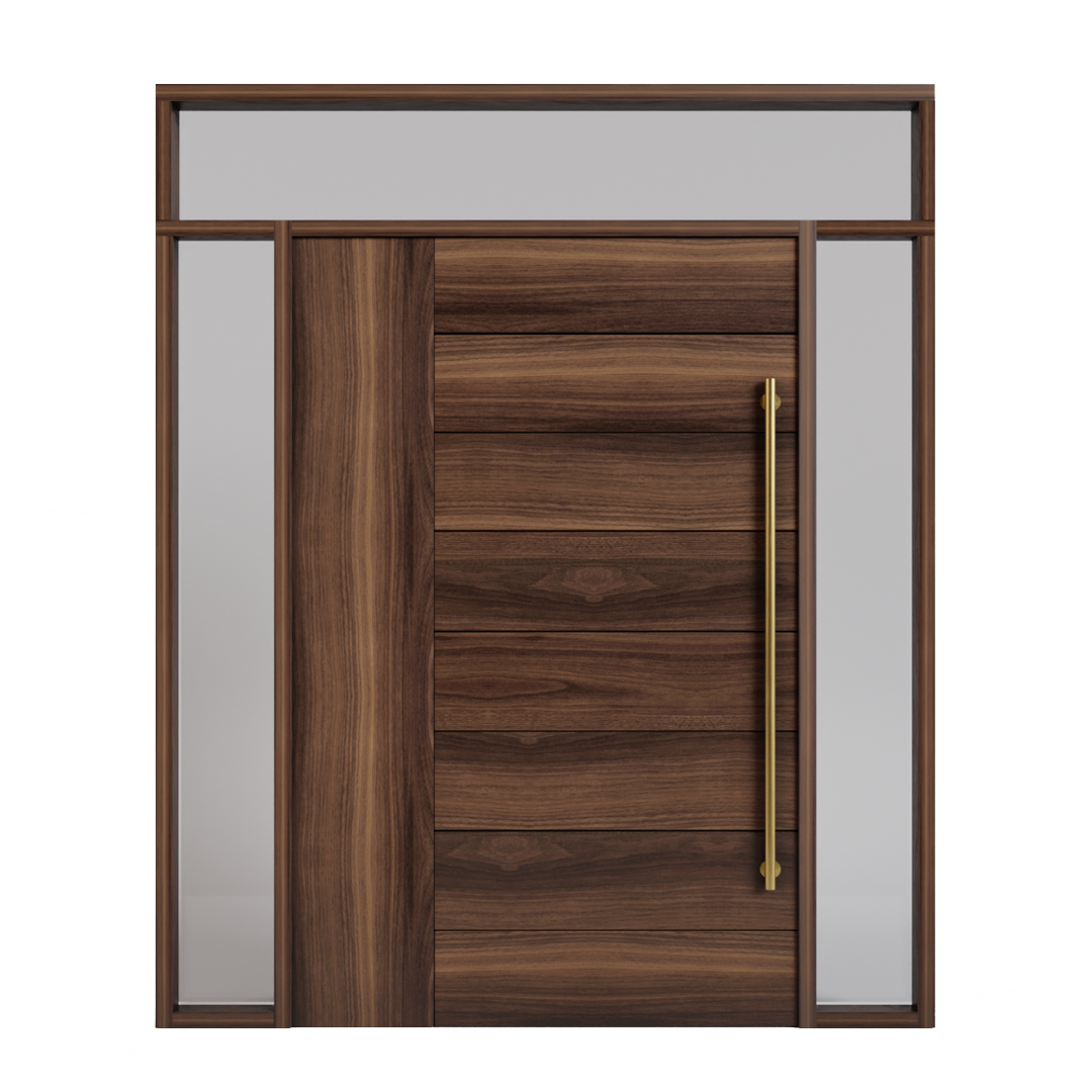 Walnut Wood Peninsula Pivot Door with sidelights and transom