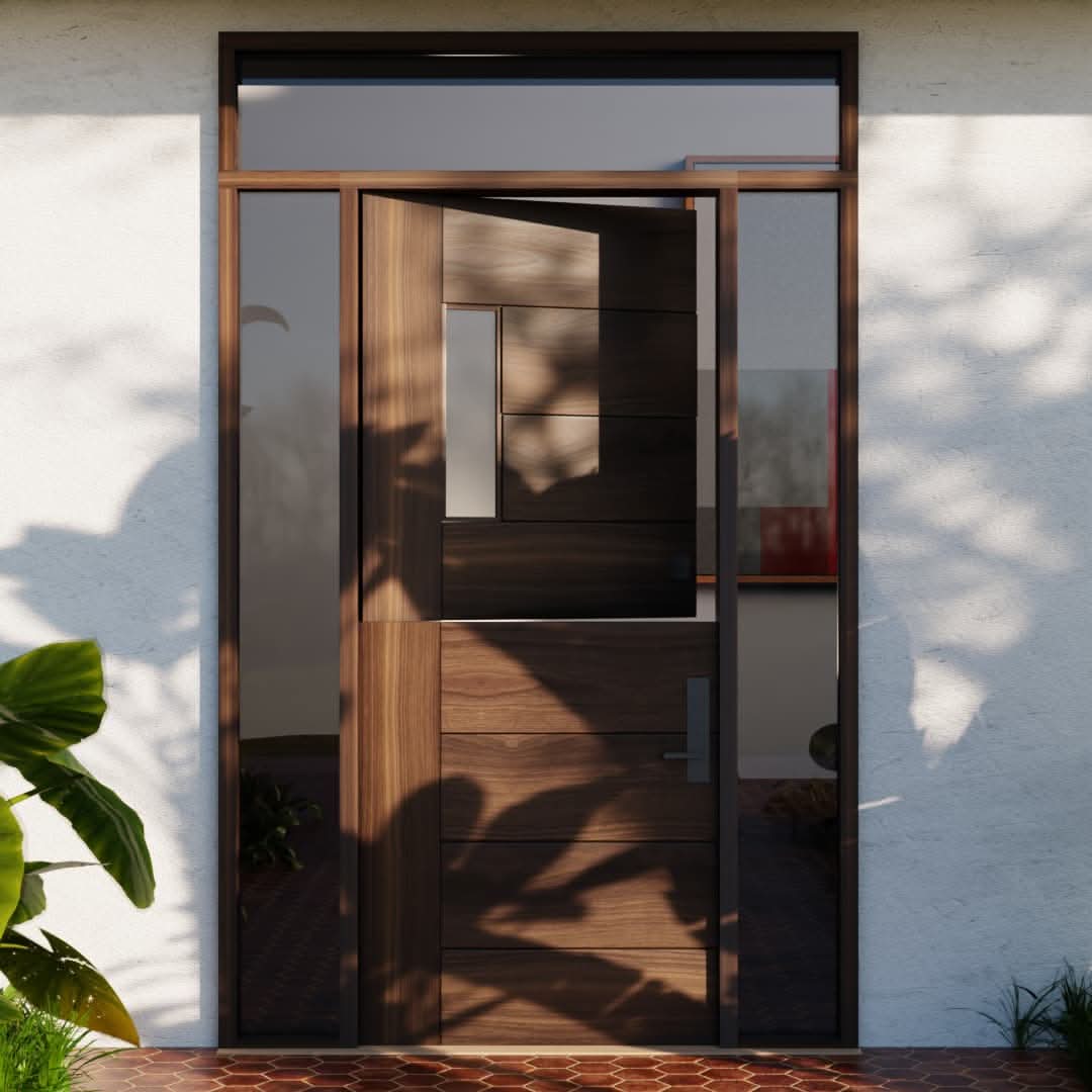 Black Walnut Seabeck Dutch Door on a home with sidelights and transom