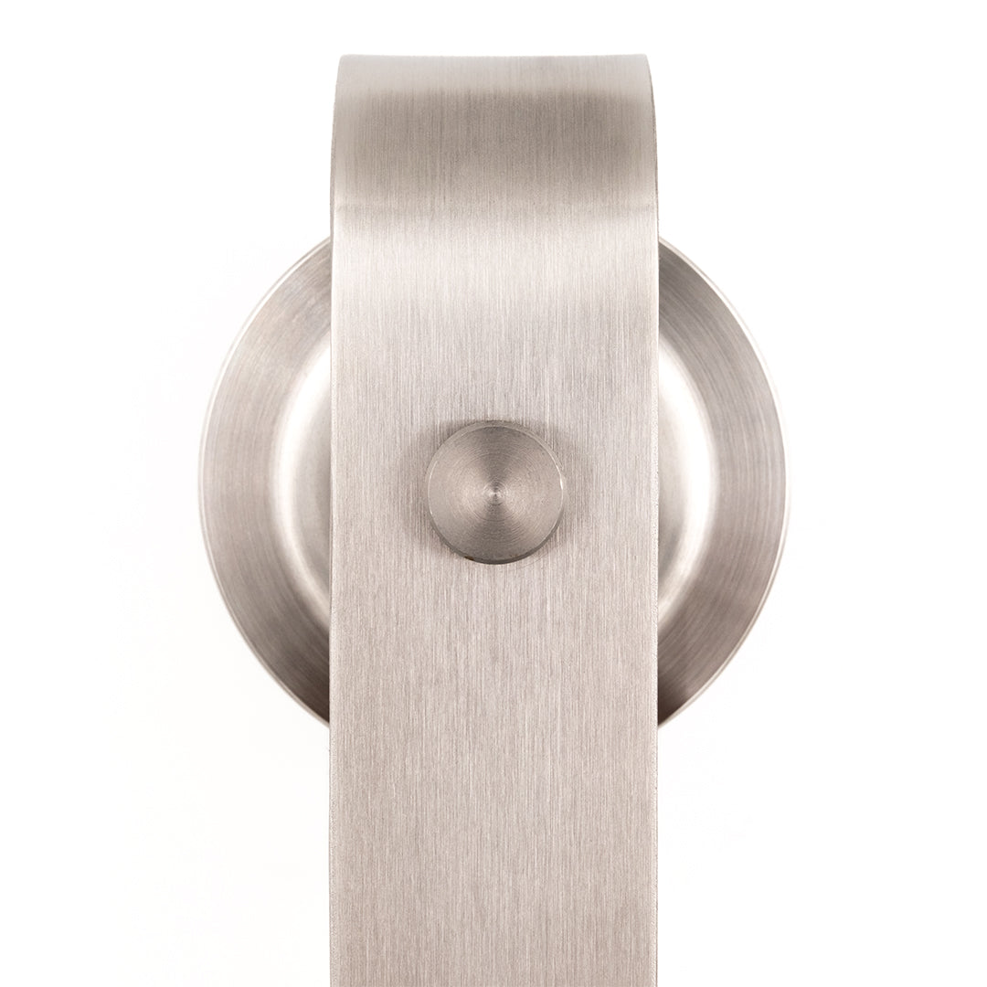 stainless steel sliding door hanger on a white background