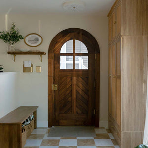 Artemis Round Top Chevron With Glass Solid Wood Exterior Front Door