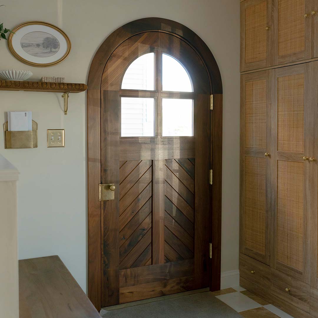 Artemis Round Top Chevron With Glass Solid Wood Exterior Front Door