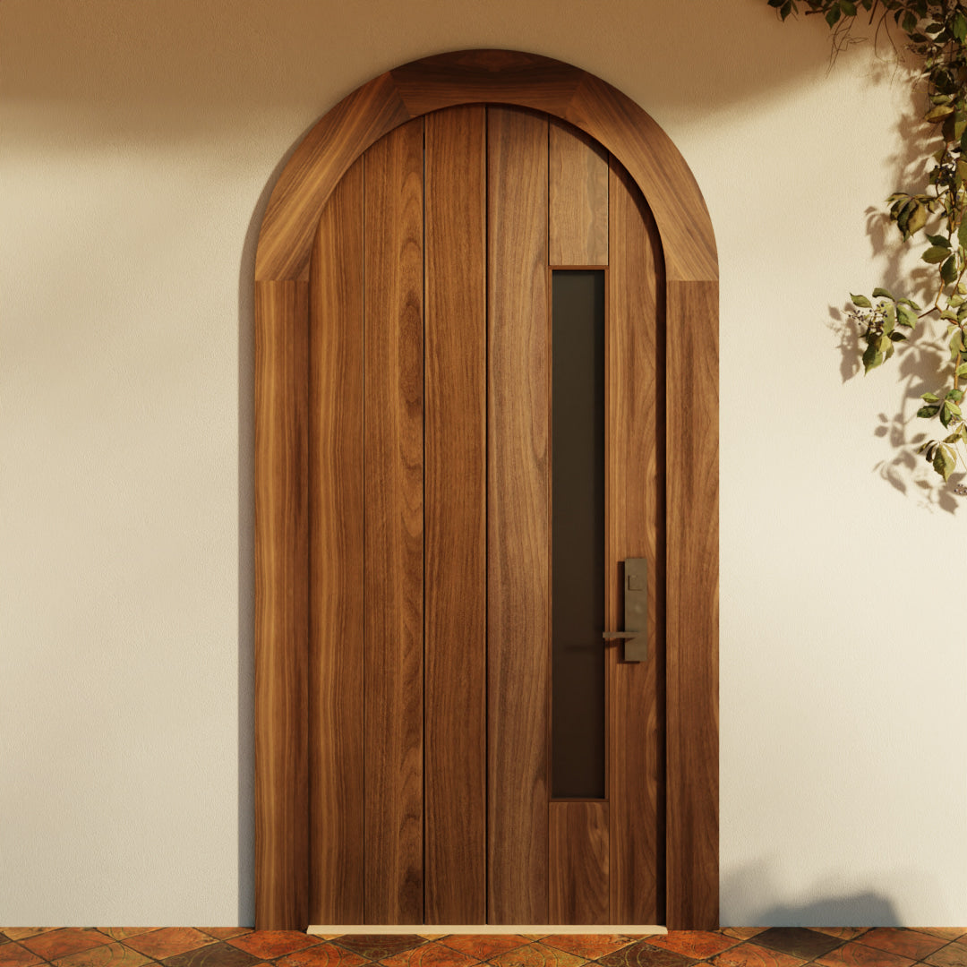 Round Top Flush Plank Door with Window with matching casing in Black Walnut on modern home