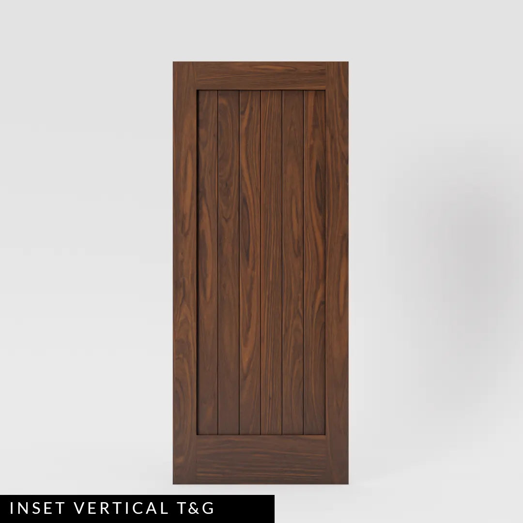 Walnut wood Shaker Classic Single Panel Solid Wood Front Entry Door with vertical inset tongue and groove panel