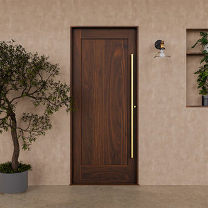 Fortuna Shaker Classic Single Panel Solid Wood Front Entry Door on a plaster wall