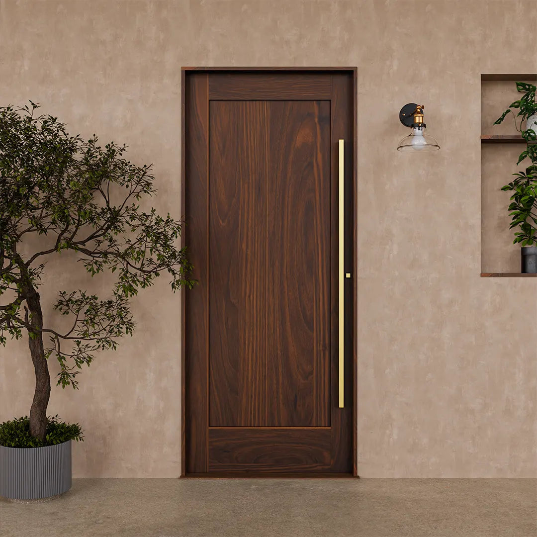 Fortuna Shaker Classic Single Panel Solid Wood Front Entry Door on a plaster wall