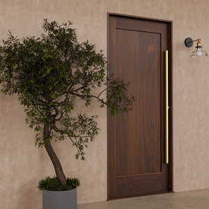 Fortuna Shaker Classic Single Panel Solid Wood Front Entry Door on a plaster wall on side view