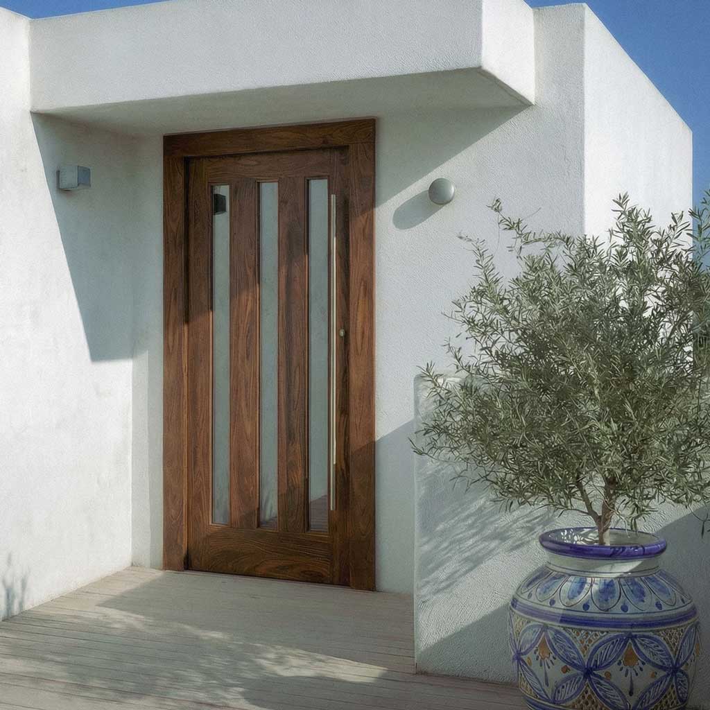 Wooden door on a white building with a decorative vase and plant in the foreground.