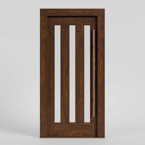 Tacoma Walnut Wooden door with vertical glass panels on a gray background with handle and door casing.