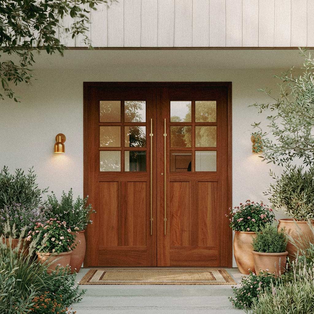 Wooden front double front door of a house with potted plants on either side