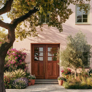 Stylish house entrance with wooden doors, flowers, and a tree.
