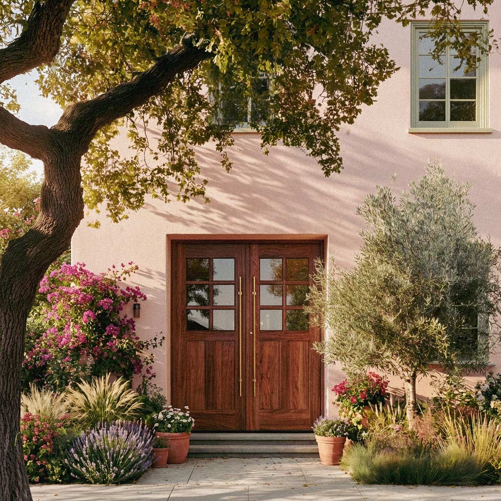 Stylish house entrance with wooden doors, flowers, and a tree.