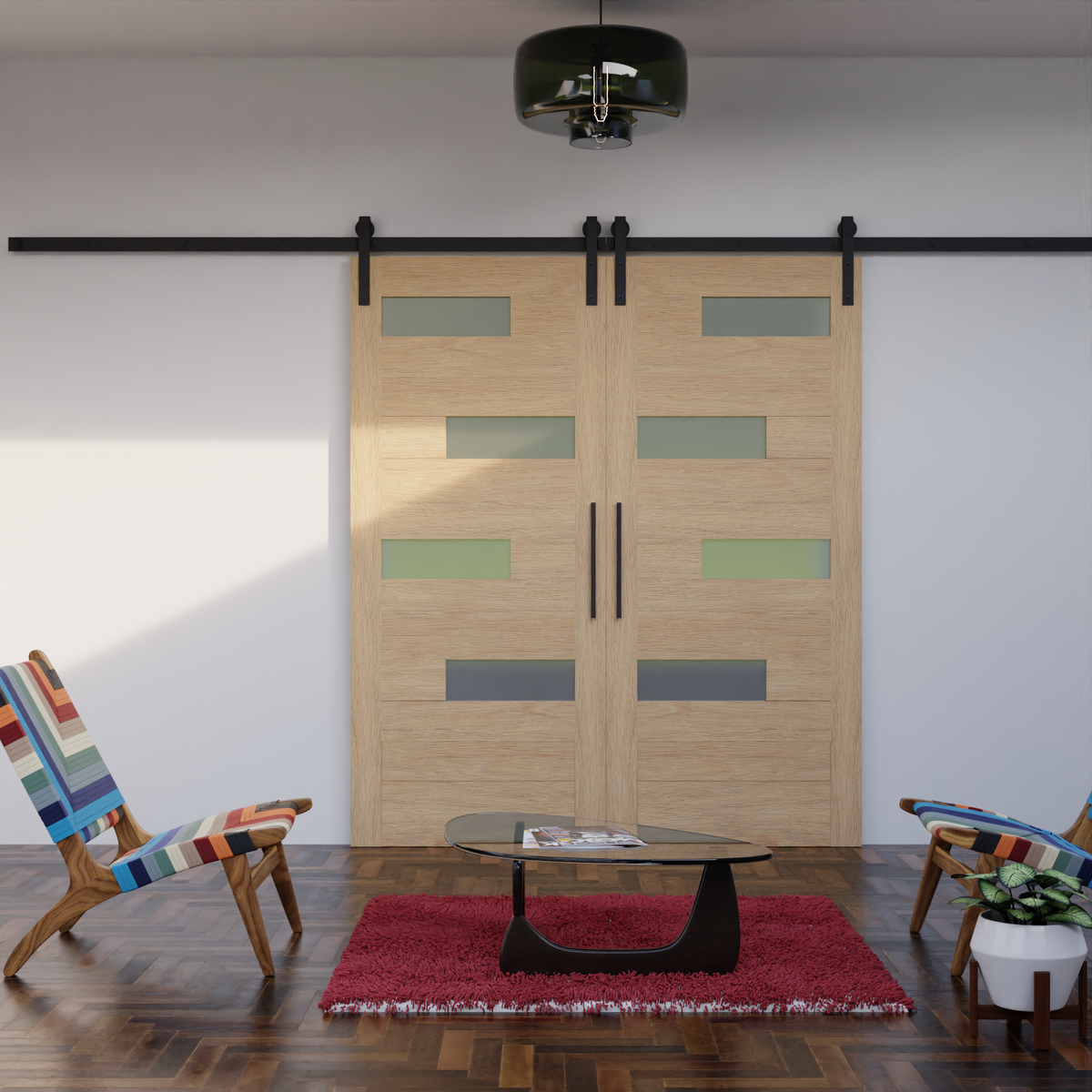 Bi-parting Modern Offset Slat Sliding Barn Door With Horizontal Glass Panels front view | RealCraft