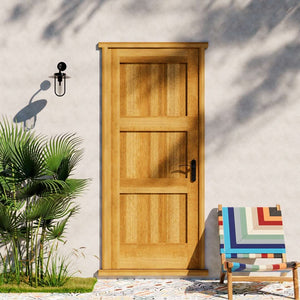 Afromosia Wood Shaker Three Panel Solid Core Exterior Door on a patio area