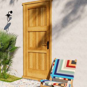 Afromosia Wood Shaker Three Panel Solid Core Exterior Door on a patio area