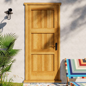 Afromosia Wood Shaker Three Panel Solid Core Exterior Door on a patio area