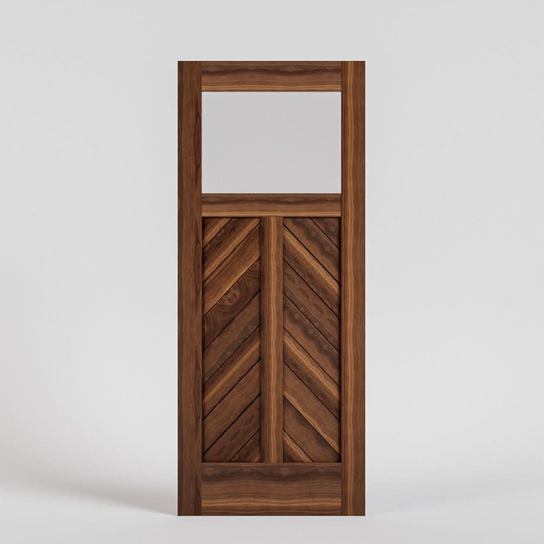 Walnut Wood Chevron Glass Solid Core Exterior Door Mountain Pattern