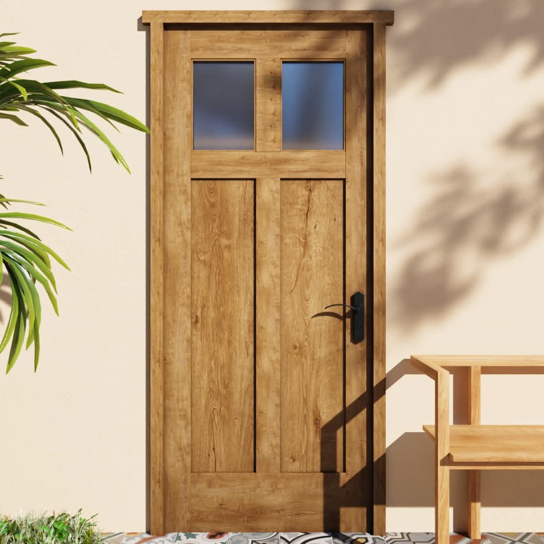 Traditional Knotty White Oak Cross Window Front Door in a patio area