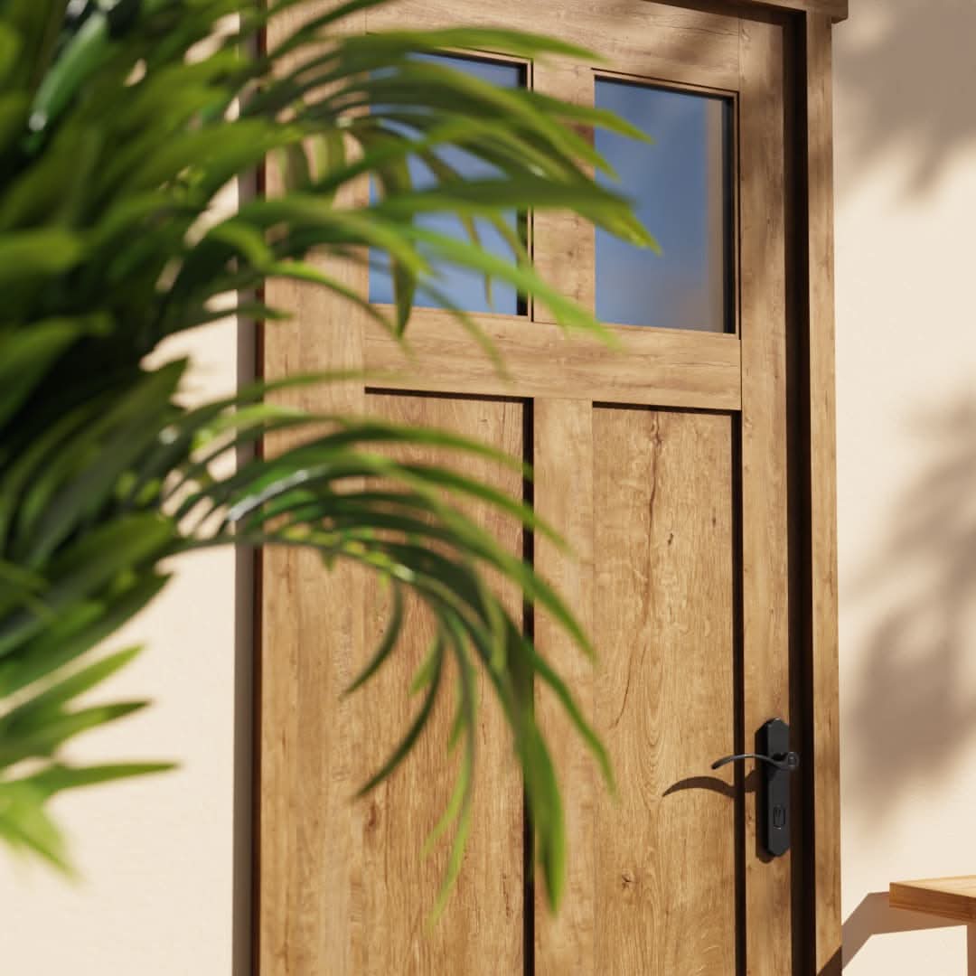 Traditional Knotty White Oak Cross Window Front Door in a patio area with plants