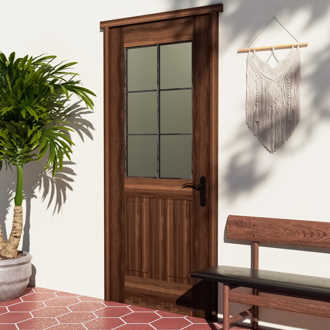 Half French Glass Exterior Front Door in a patio area next to a bench and a potted plant