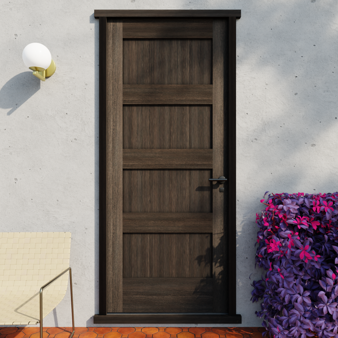 Four Panel Horizontal Solid Core Exterior Front Door in a patio area