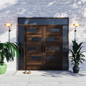 Offset Slat Modern Wood Double Front Entry Doors With Glass