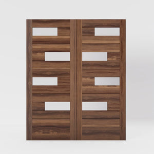Offset Slat Modern Wood Double Front Entry Doors With Glass