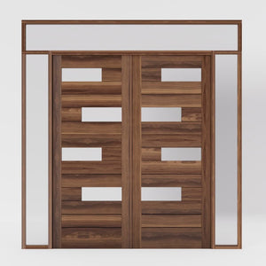 Offset Slat Modern Wood Double Front Entry Doors With Glass