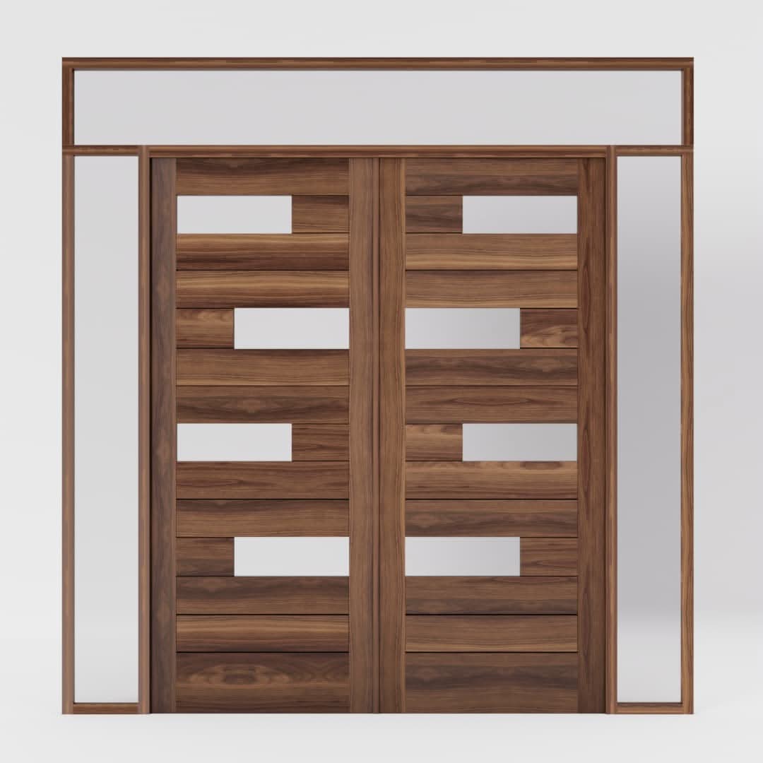 Offset Slat Modern Wood Double Front Entry Doors With Glass