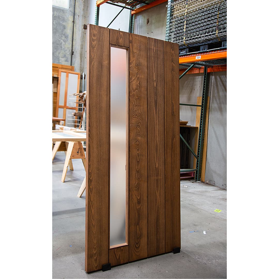 Mid-Century Modern Panel Side Lite Sliding Barn Door design by RealCraft. German Beech wood with tobacco stain.