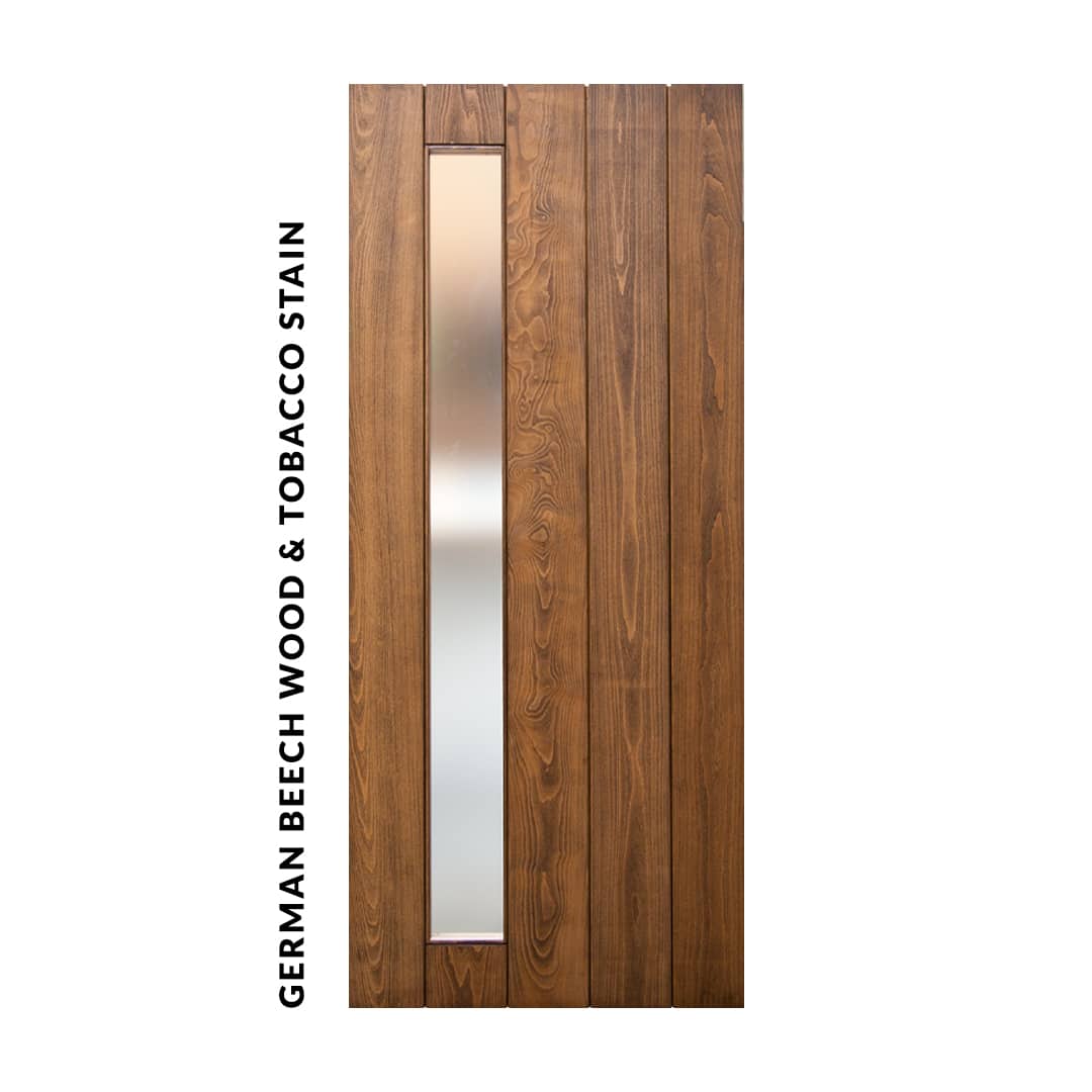 Mid-Century Modern Panel Side Lite Sliding Barn Door design by RealCraft. German Beech Wood with Tobacco Stain