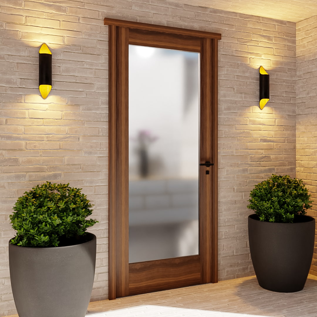 Modern Single Panel Solid Core Exterior Glass Door on exterior area with two plant pots on the side
