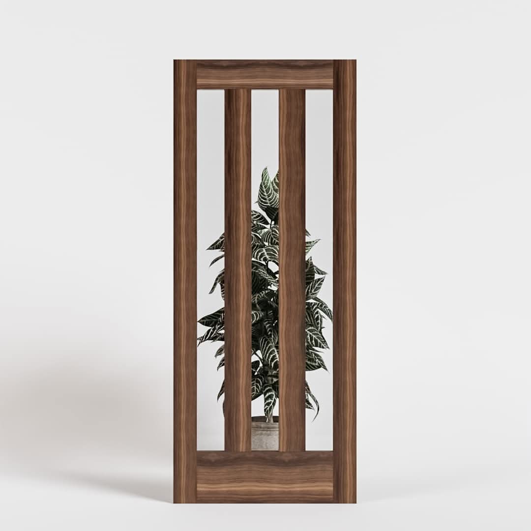 Walnut Wood Tacoma Solid Core Exterior Door With Vertical Glass Panels with clear glass