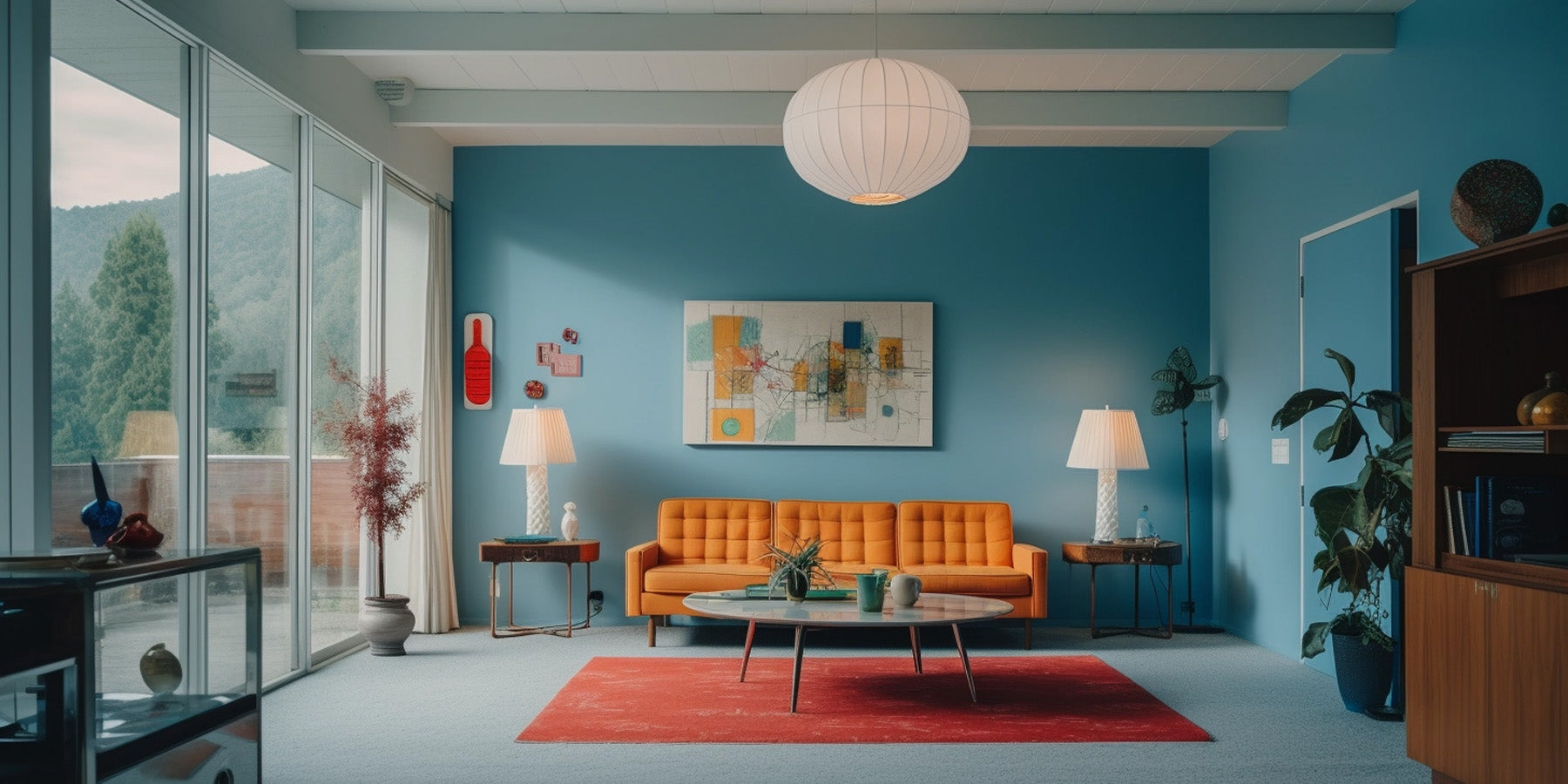 a mid-century modern living room with blue walls and orange couch.