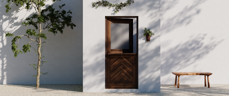 Herringbone dutch door with single glass panel