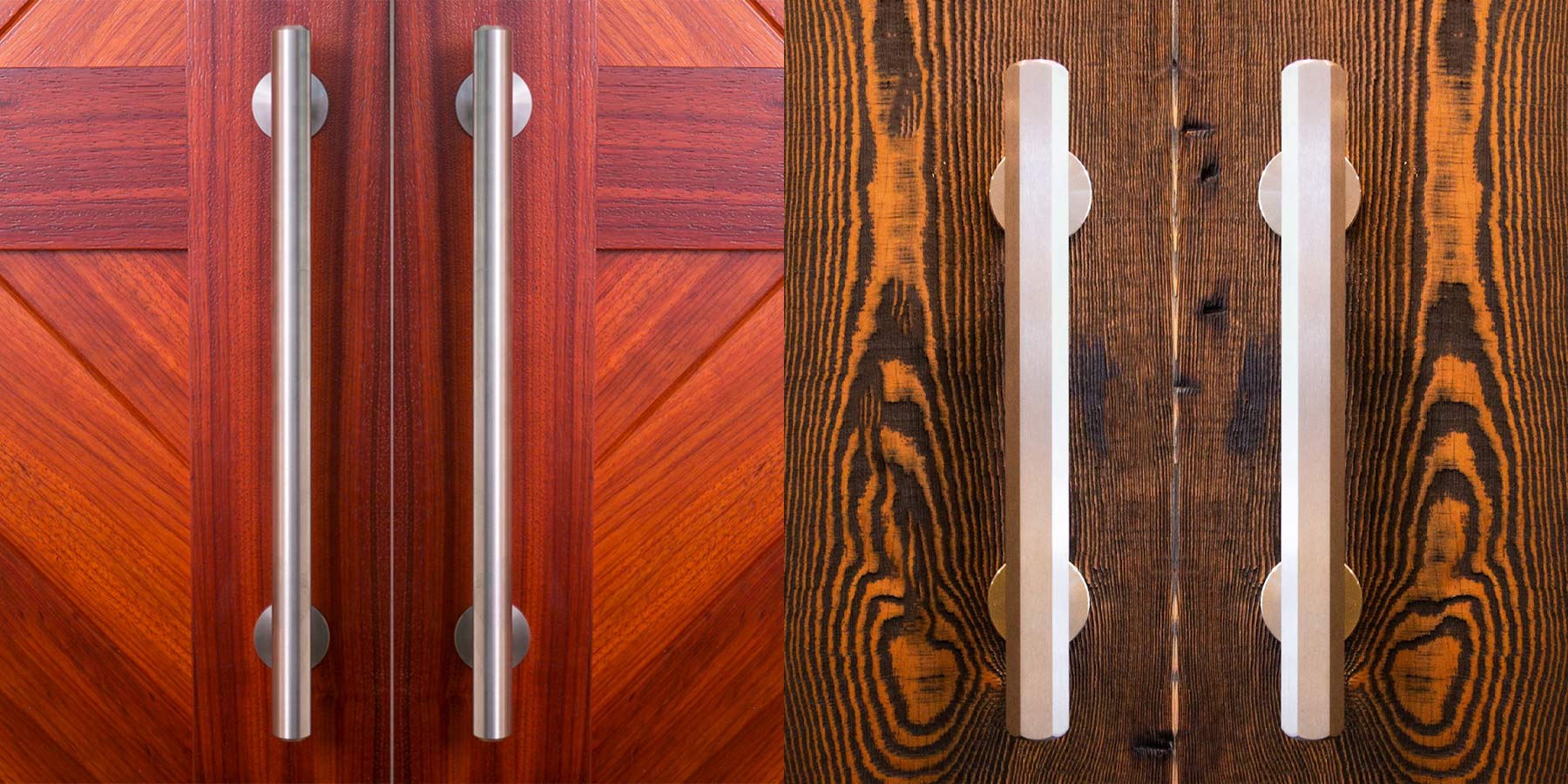 Two sets of stainless steel handles side by side. One installed on red wood doors and the other on reclaimed wood doors.