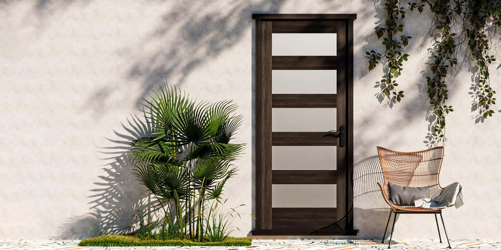 Modern Five Panel Exterior Front Door on patio area