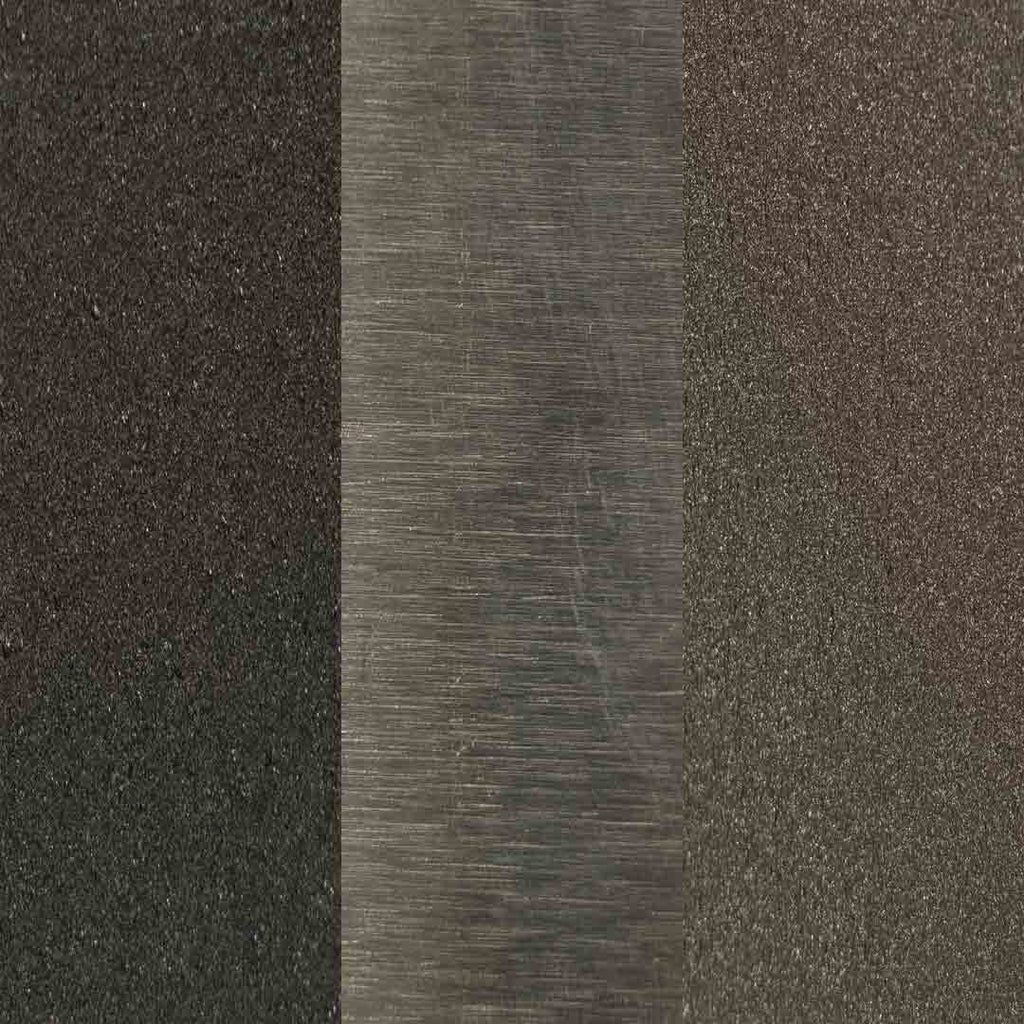 Two different textures of hardware material side by side: Black, stainless steel, and dark bronze.