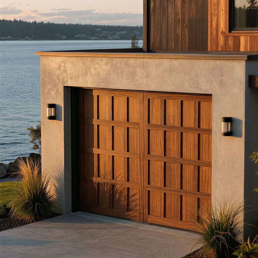 Anacortes 9 Panel Wood  Carriage House Garage Doors in a modern Washington home.