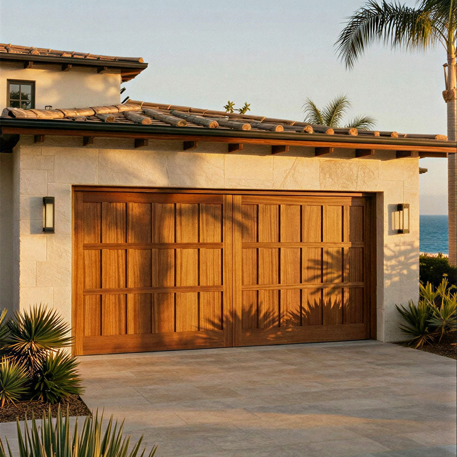 anacortes modern carriage garage door in cherry wood.