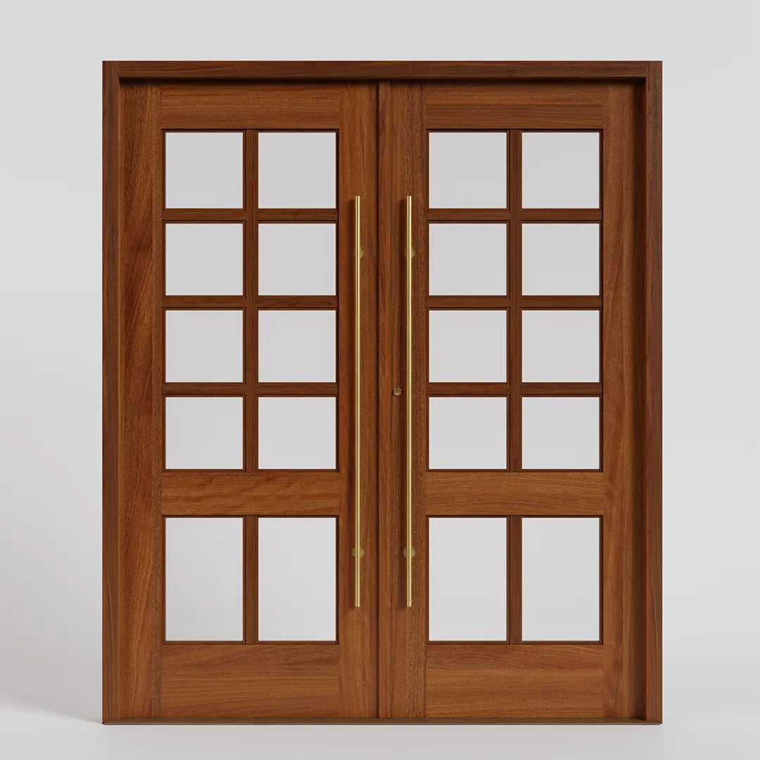Baudelaire Double Glass Exterior Double French Doors with frame and pulls in padauk.