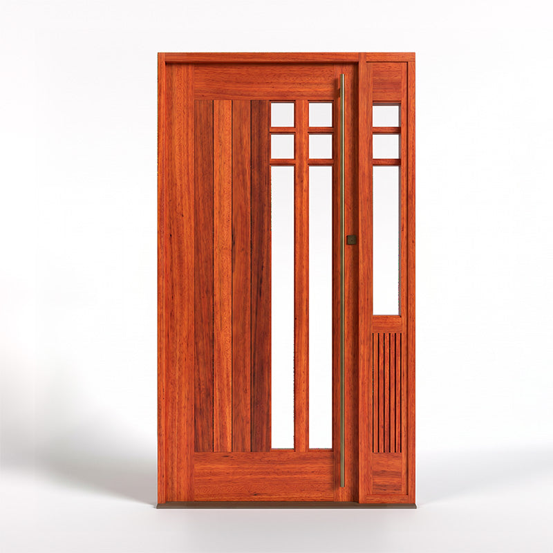 Wooden door with glass panels on a white background. The door has a right sidelight and a long brass handle. Displayed in padauk wood.