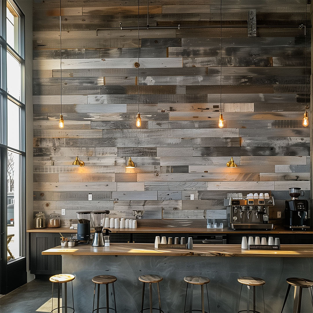 Modern Coffee Shop with a Gray Reclaimed Wood Accent Wall